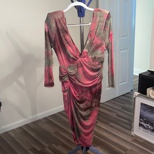 Fashion Nova pink / green / brown stretchy asymmetrical dress - NEW WITH TAGS